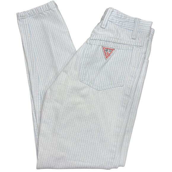 Guess Vintage 25x27 Striped Jeans 80s High Waist Zip Ankle Tapered Blue White - Picture 1 of 14